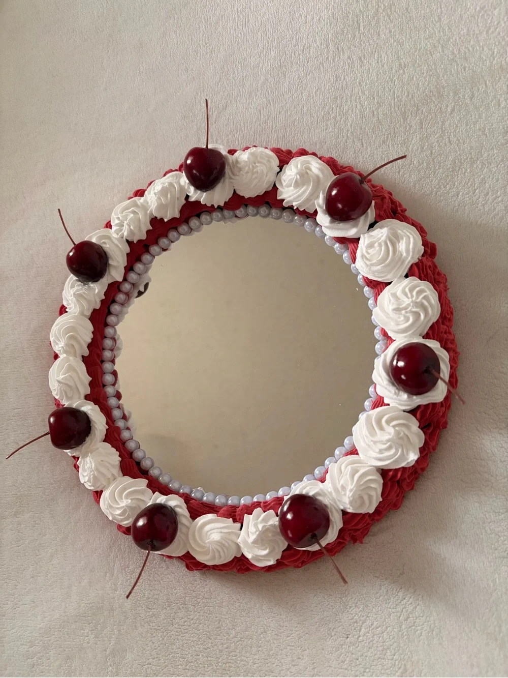 Red & White Decorative Cherry Round Wall Mirror - Unbranded